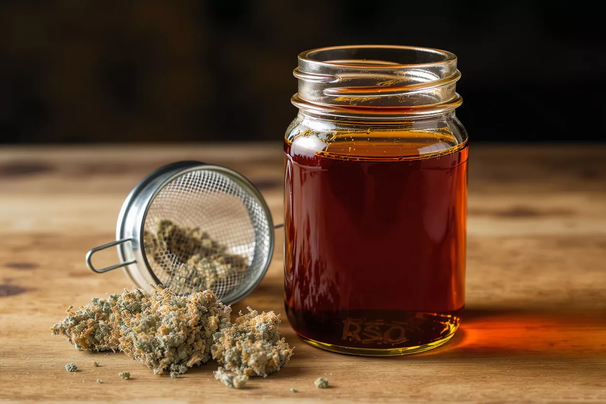 A glass jar of RSO cannabis oil next to dried cannabis buds and a strainer.