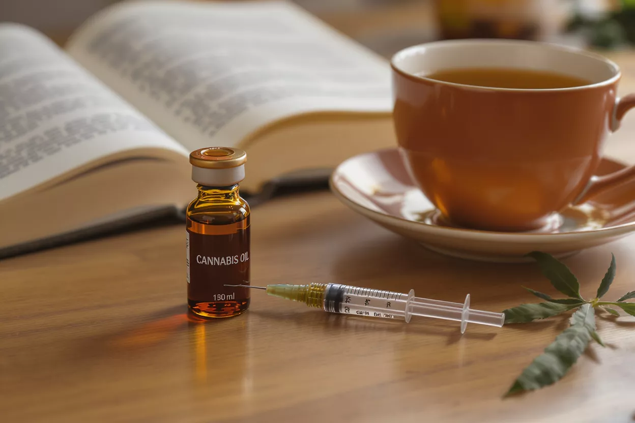 A vial of cannabis oil and a syringe on a table with a book.