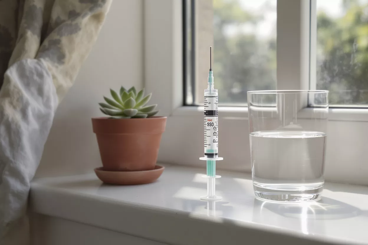 A medical syringe stands on a windowsill next to a glass of water and a succulent.