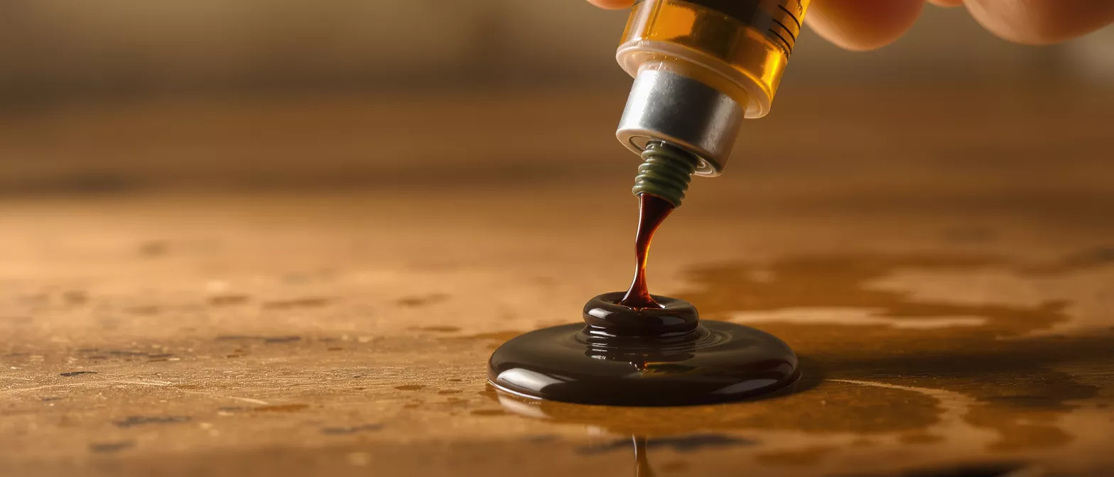 Close-up of a syringe dispensing thick, dark CBD oil onto a wooden surface.