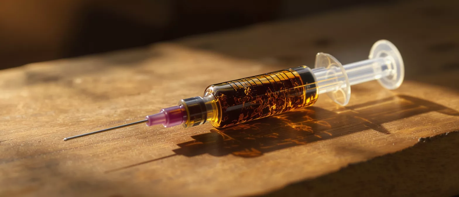 Syringe with Amber Liquid A syringe filled with amber liquid and plant matter rests on a wooden surface.