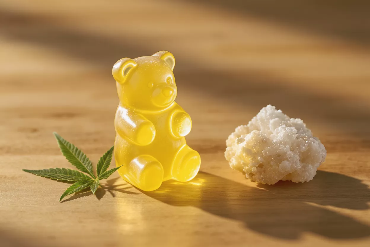 Yellow gummy bear, cannabis leaf, and white crystal on a wooden surface.