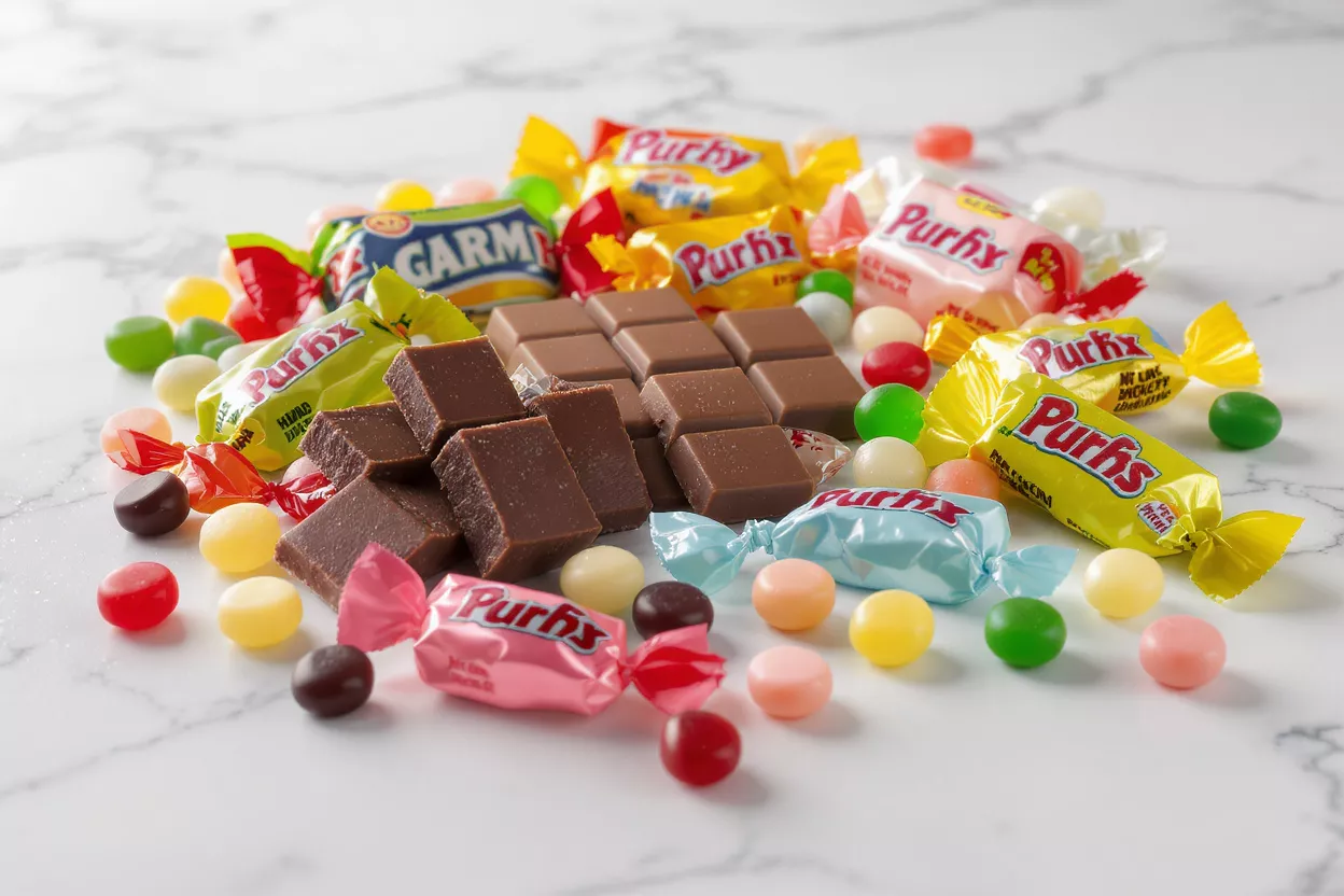 A vibrant assortment of Purfx candies and chocolates on a white marble surface.