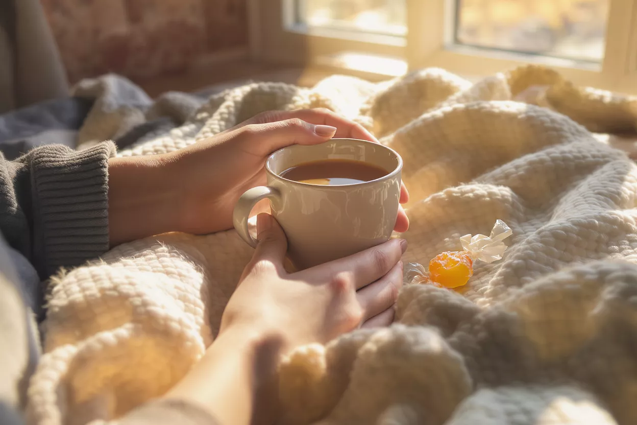 Hands holding a coffee mug on a cozy blanket in warm sunlight.
