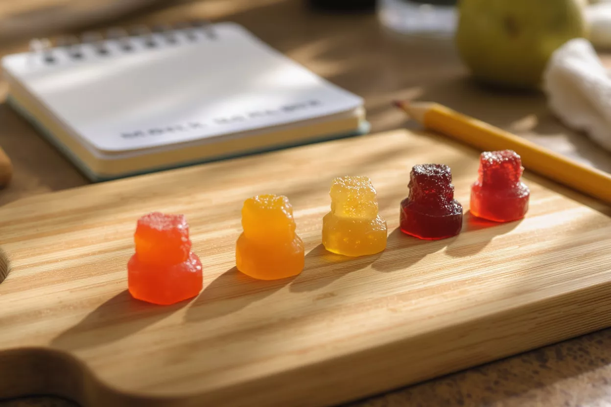 Five colorful gummies in a row on a wooden board with a notebook.