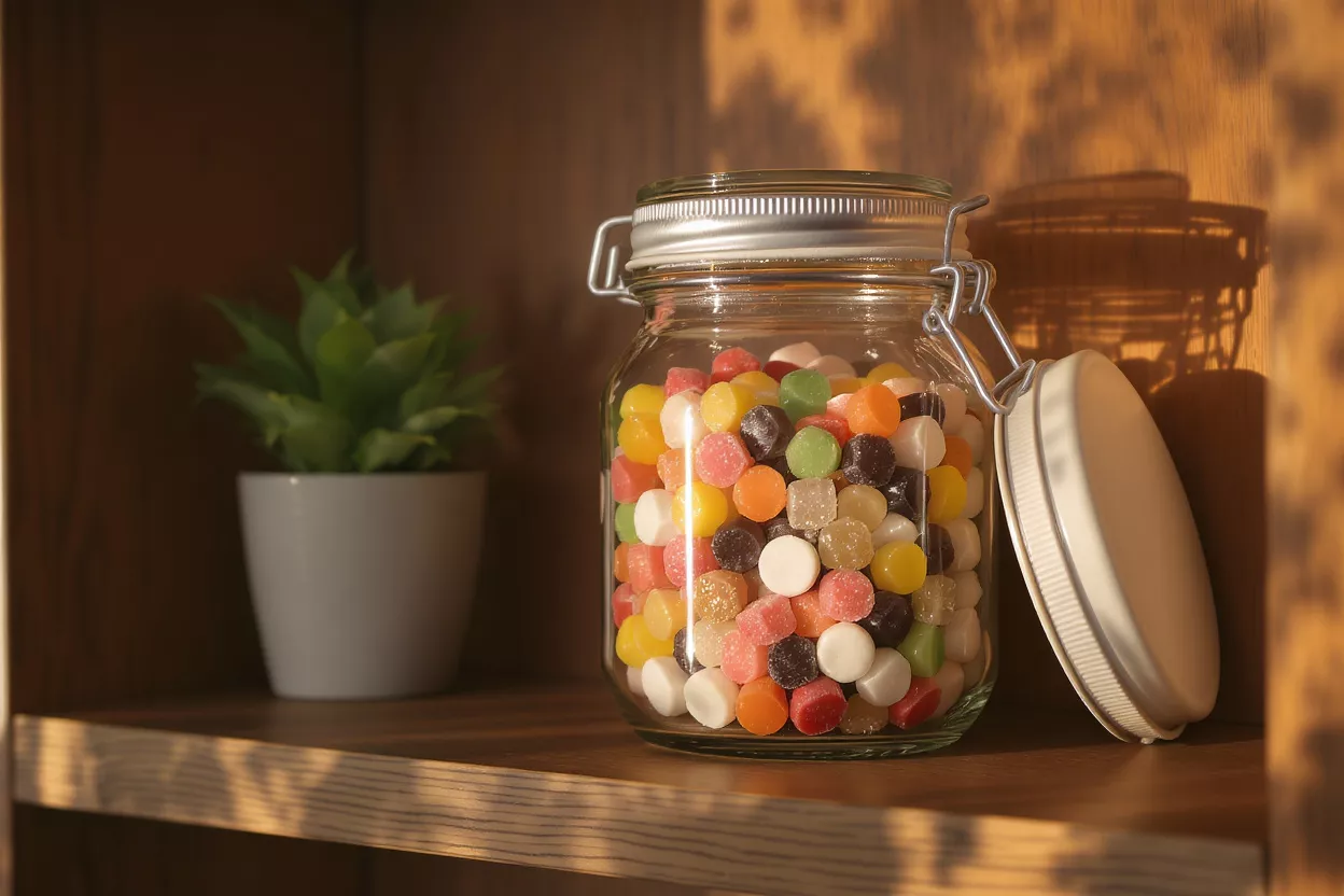 Glass jar filled with colorful candies on a wooden shelf next to a small plant.