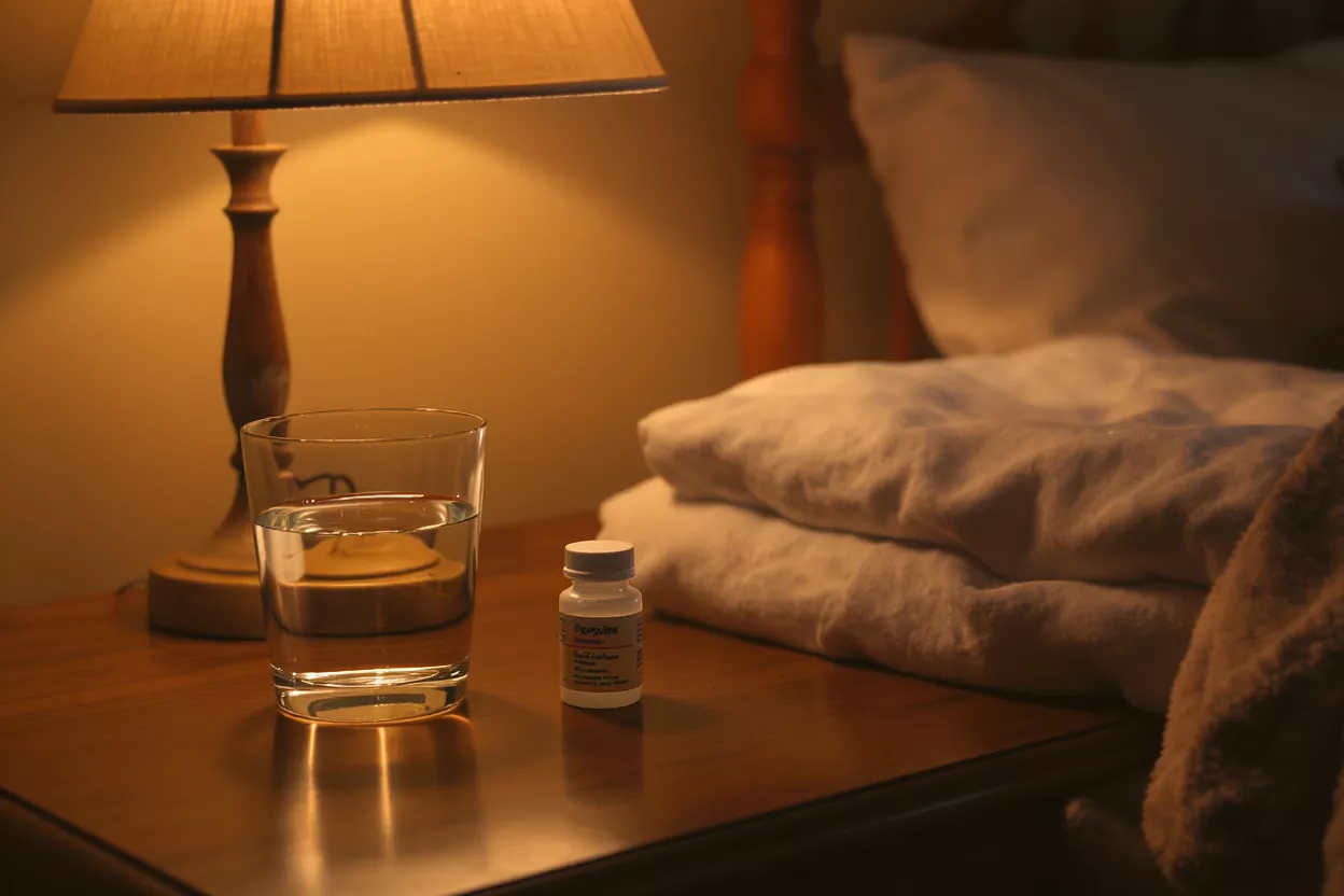 A glass of water and a small medication bottle on a bedside table.