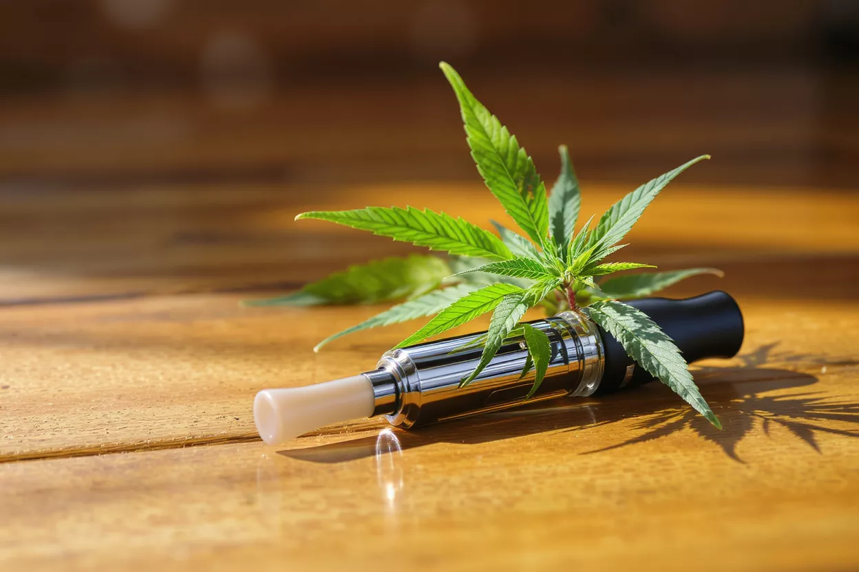 Cannabis plant leaves and a vape pen on a wooden surface.