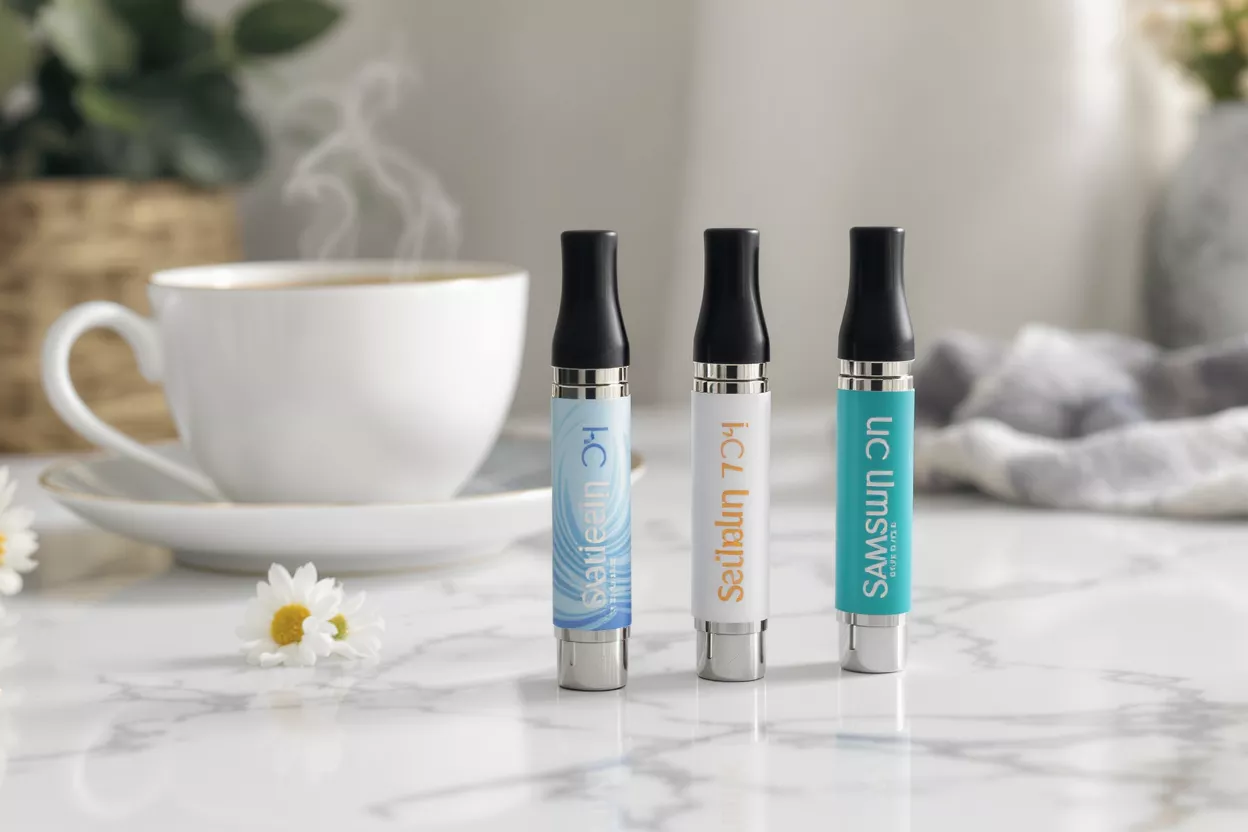 Three vape cartridges with black tips on a marble surface next to a steaming coffee cup.