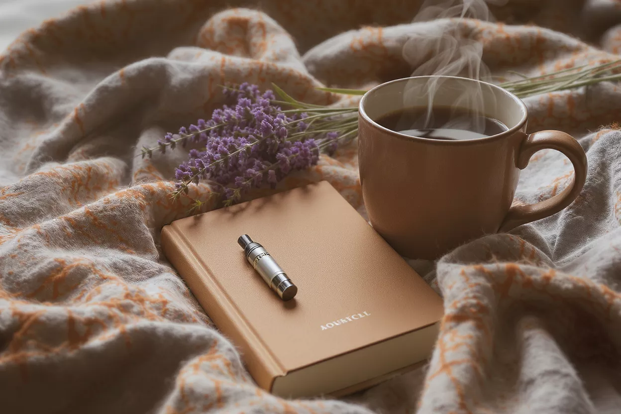 Steaming coffee, book, vape pen, and lavender on a patterned blanket.
