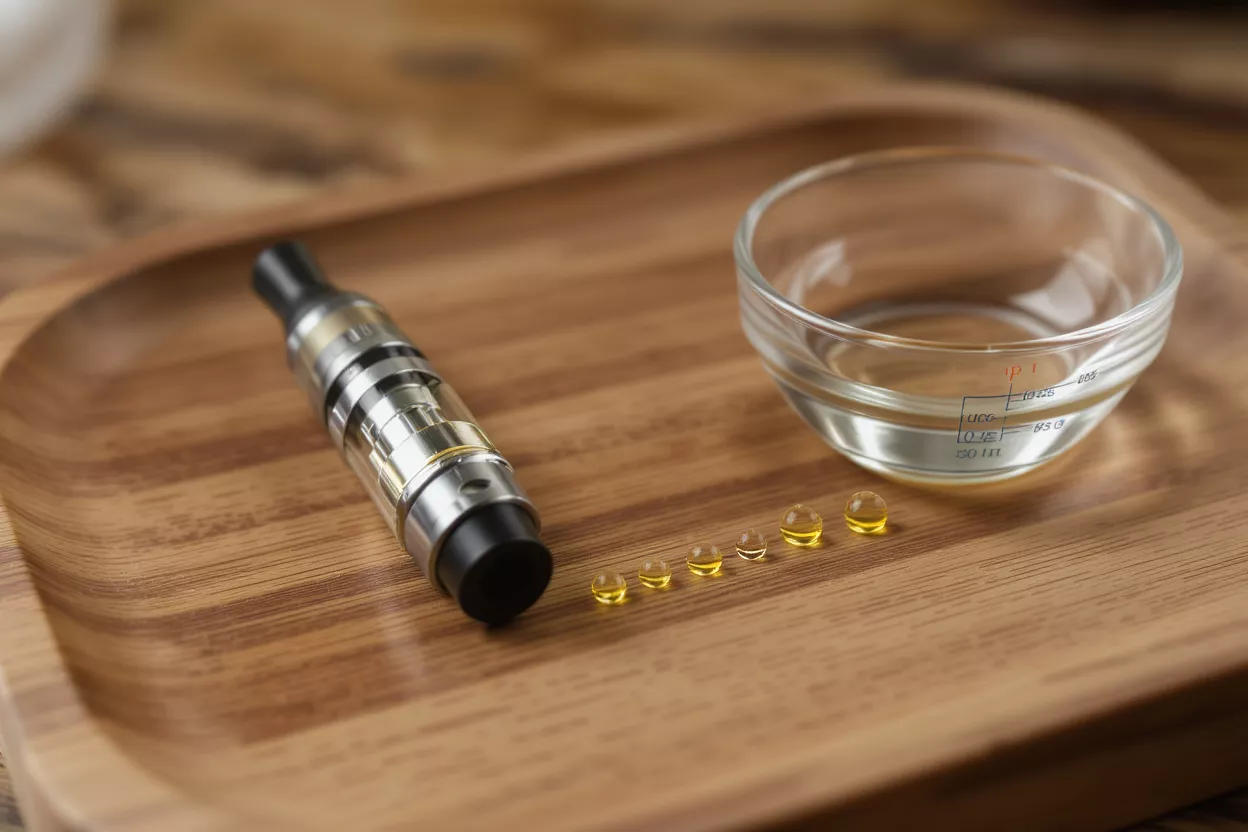 Vape pen, CBD oil capsules, and a measuring bowl on a wooden tray.