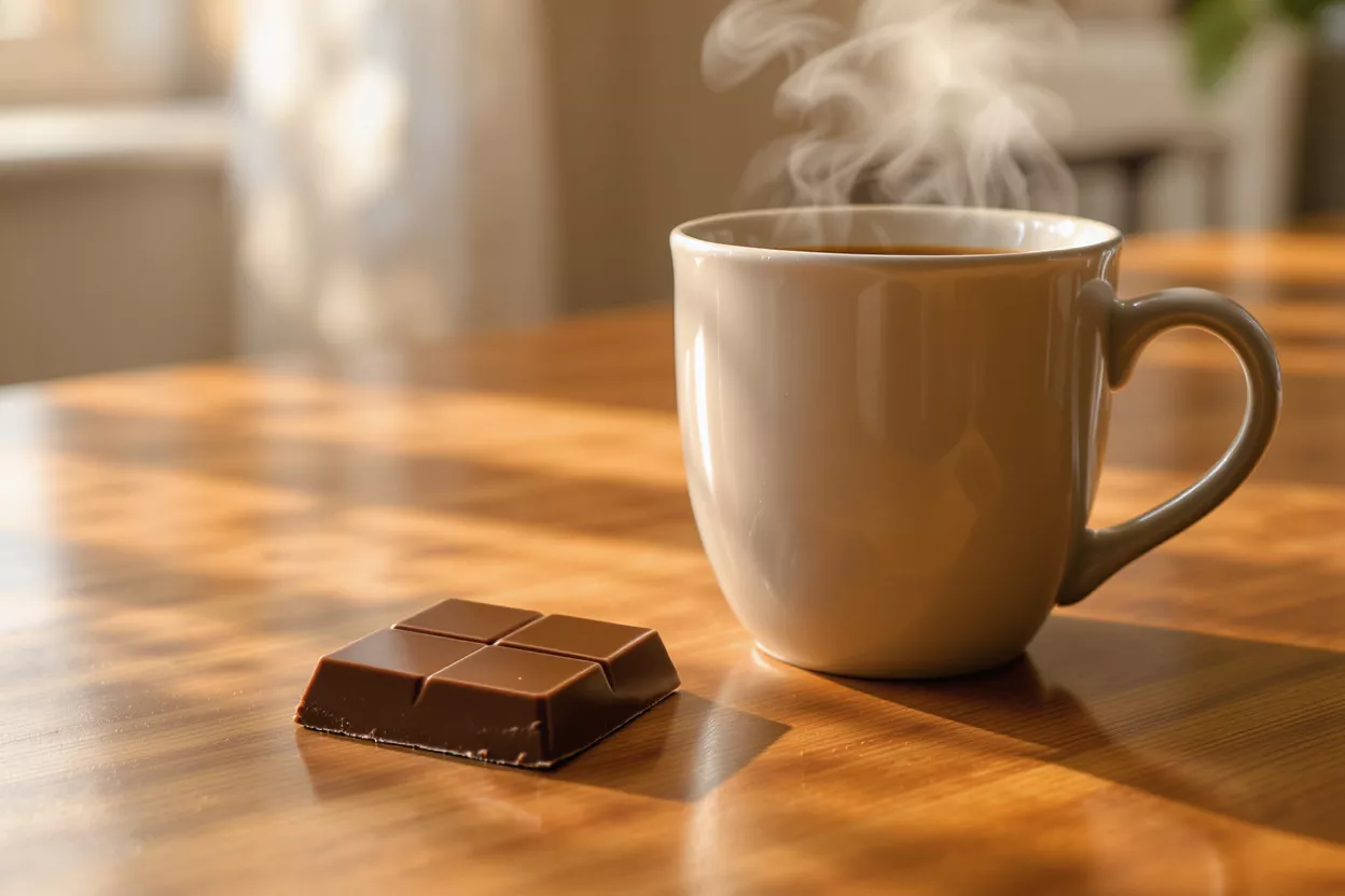 Café fumant et chocolat Une tasse de café fumante à côté d'une tablette de chocolat sur une table en bois.