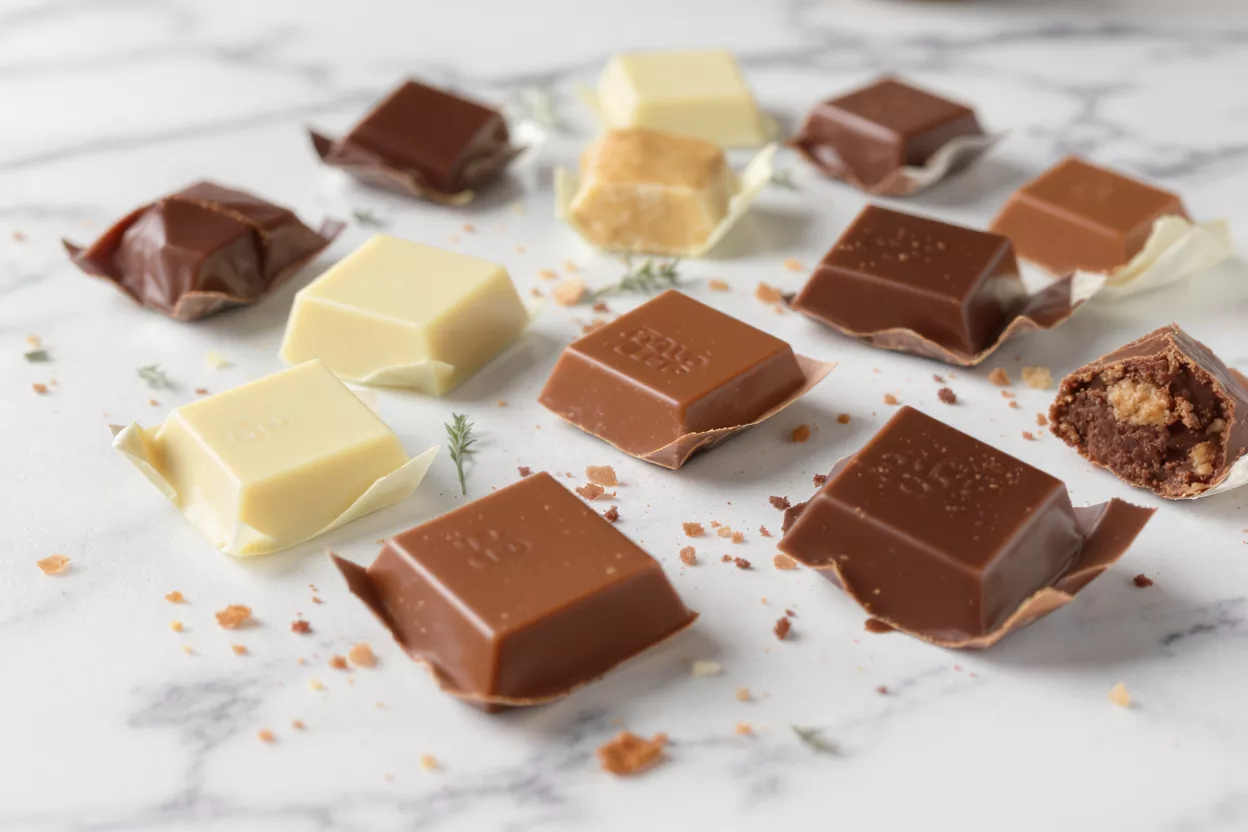 Carrés de chocolat assortis Divers carrés de chocolat, au lait, noir et blanc, sur une surface en marbre.