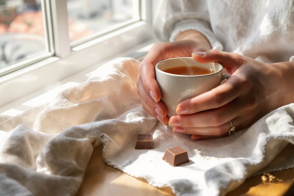 Thé et chocolat confortable Mains tenant une tasse fumante de thé près d'une fenêtre avec des chocolats.
