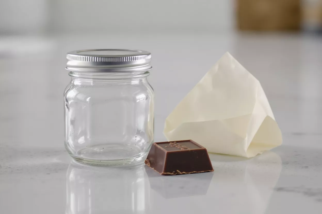 Bocal Mason avec Bonbon au Chocolat Un petit bocal en verre mason, un bonbon au chocolat et un sac en papier blanc.