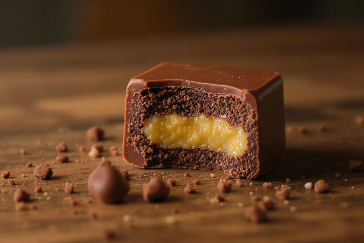 Close-up of a chocolate truffle with a creamy yellow filling, crumbs scattered.