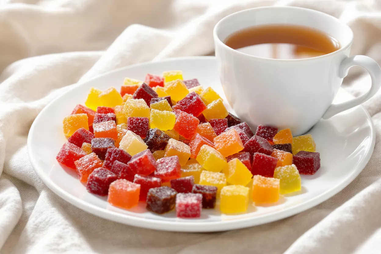 A white plate filled with colorful fruit jellies next to a cup of tea.