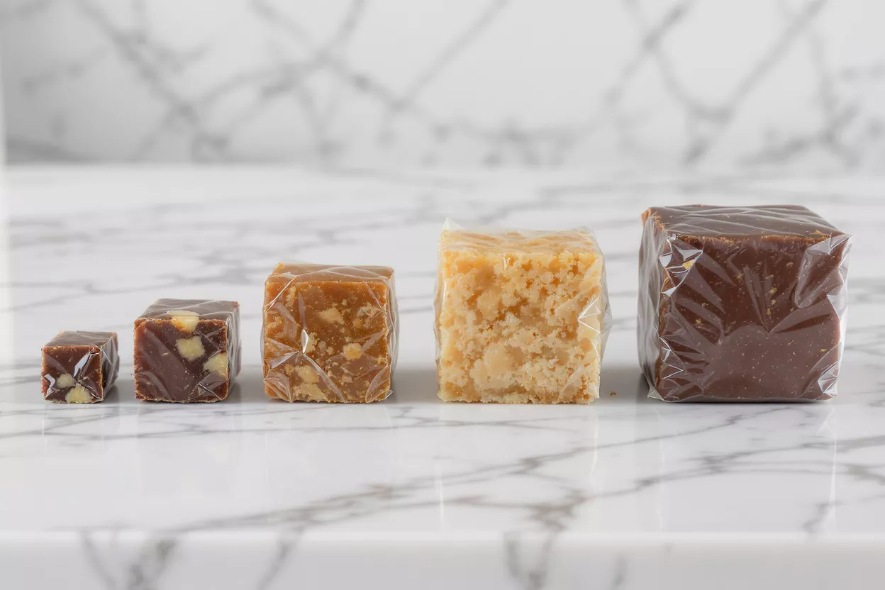 Five individually wrapped fudge cubes of varying flavors and sizes on a marble surface.