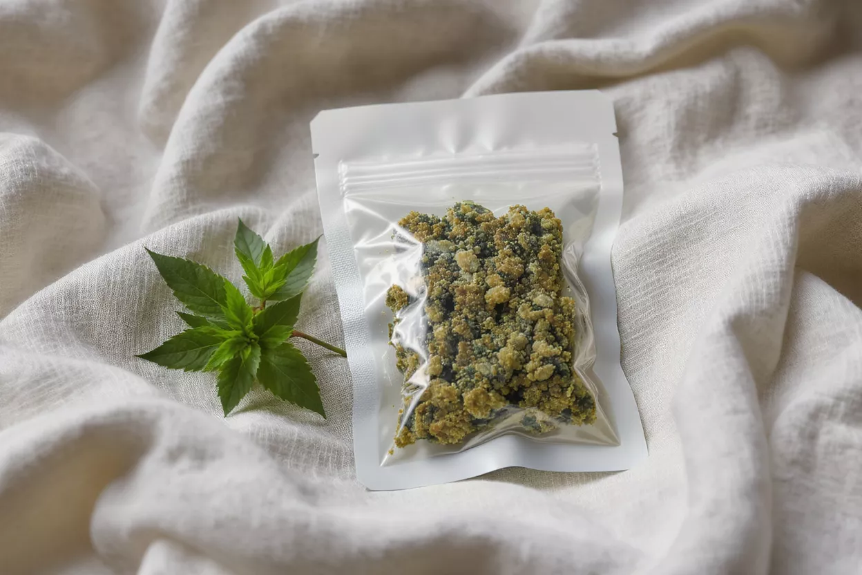 Small clear pouch with green and yellow crumbly product next to a green plant.