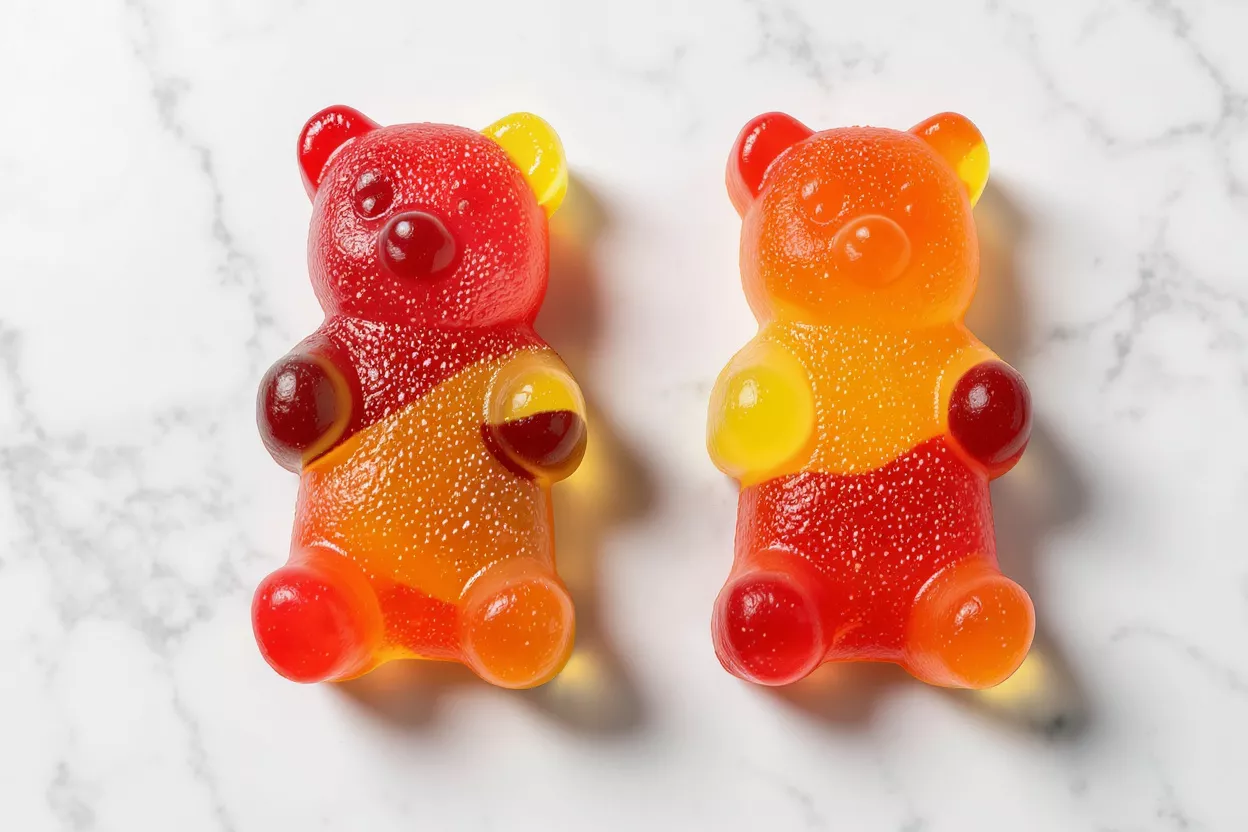 Two vibrant, multi-colored gummy bears on a white marble surface.