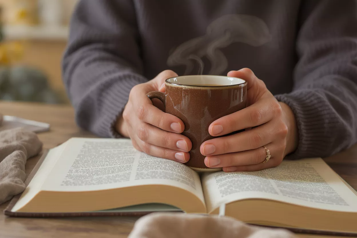 Hands holding a steaming mug over an open book on a wooden table.
