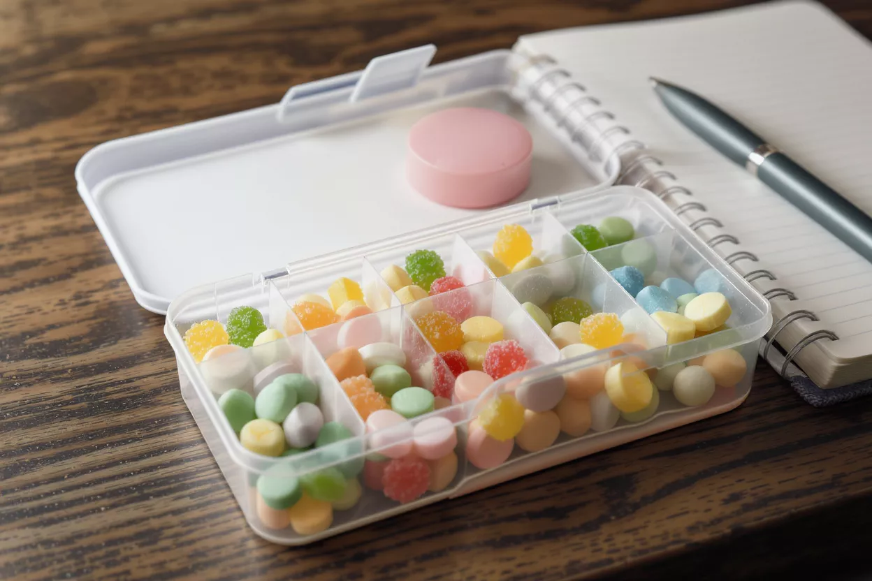 Clear plastic pill organizer filled with various colorful candies and mints.