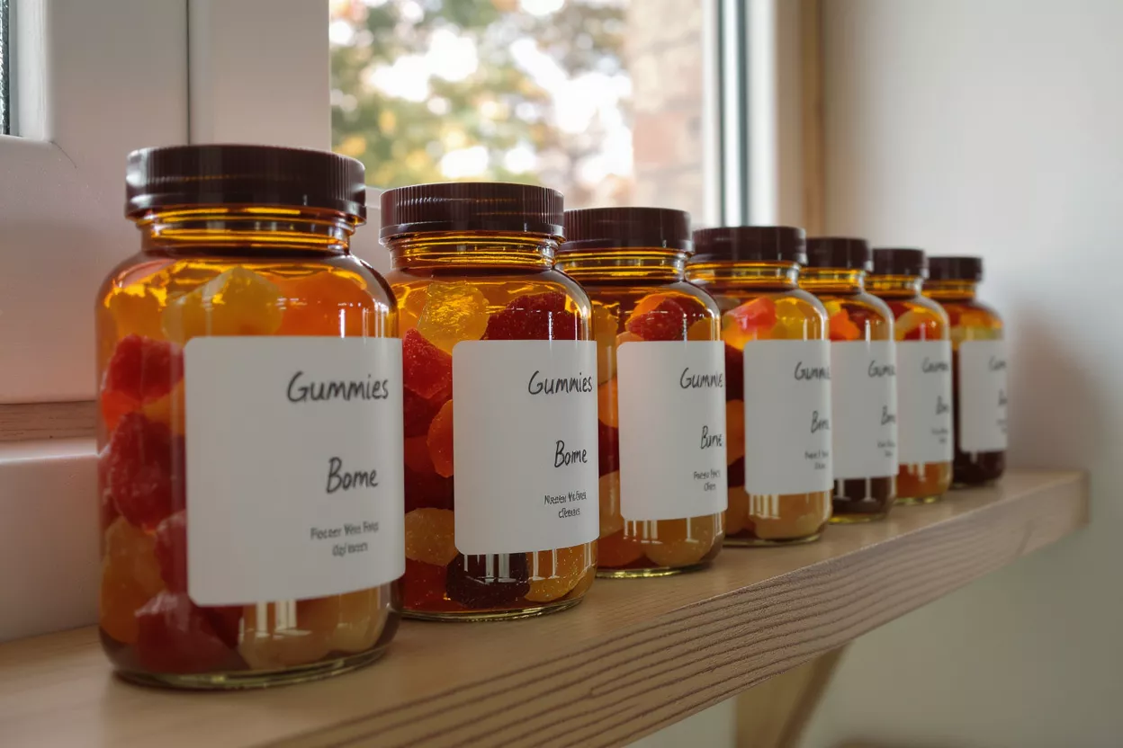 Amber glass jars filled with colorful gummies, labeled and lined on a wooden shelf.