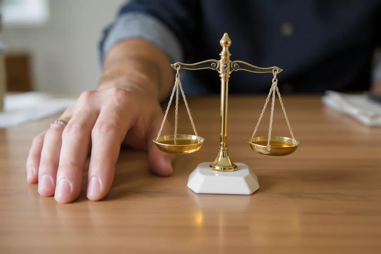 A person's hand rests near golden scales of justice on a wooden desk.