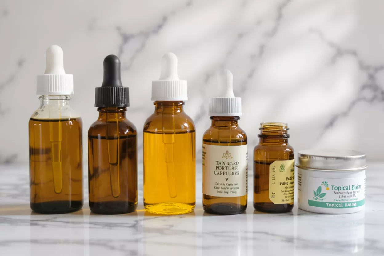 A row of amber dropper bottles and a white topical balm container on marble.