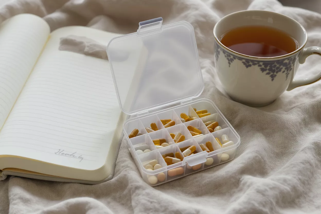 Pill organizer, open notebook, and tea cup on a light fabric surface.