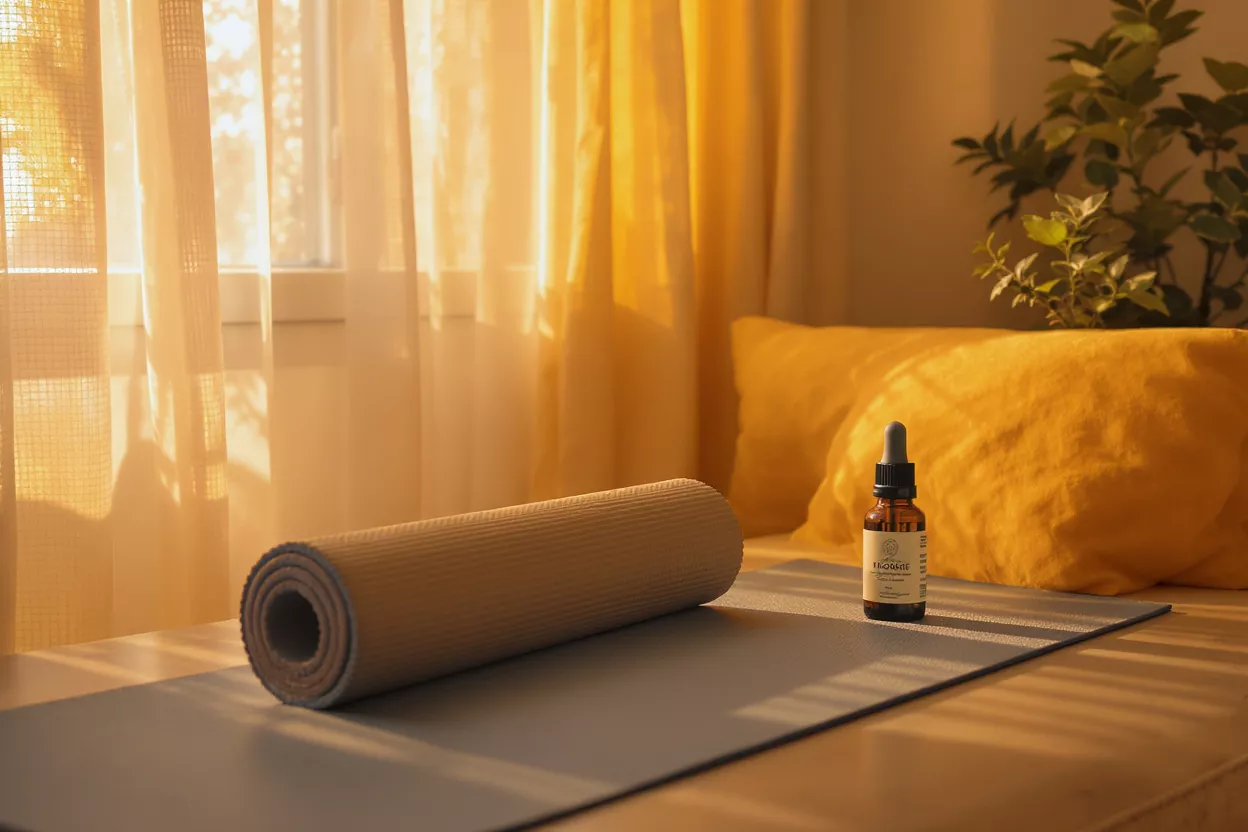 Rolled yoga mat and essential oil bottle on a mat in warm, sunlit room.