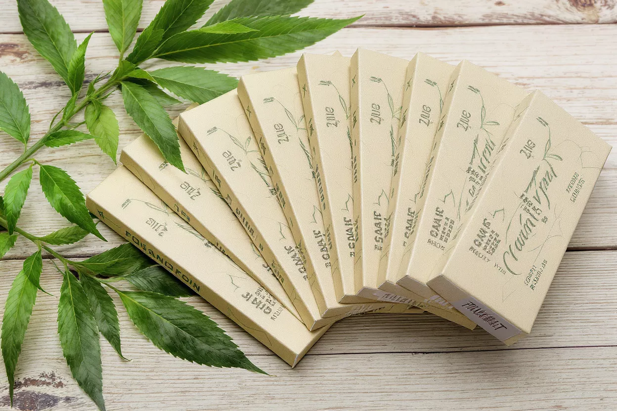 Several light beige boxes of herbal incense sticks with green leaves on a wooden background.