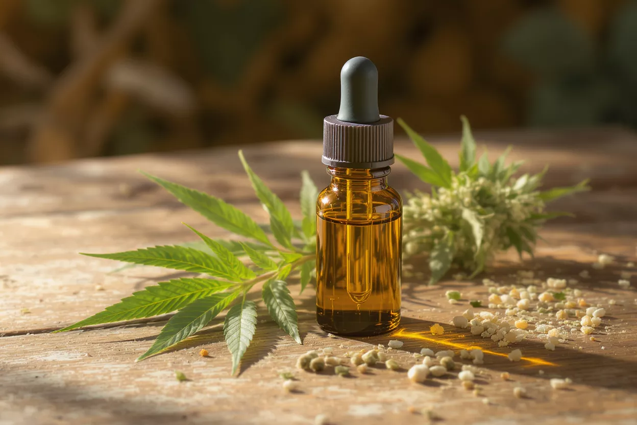 Aceite de CBD y planta de cáñamo Frasco gotero ámbar de aceite de CBD con hojas y cogollos de cáñamo sobre una superficie de madera.