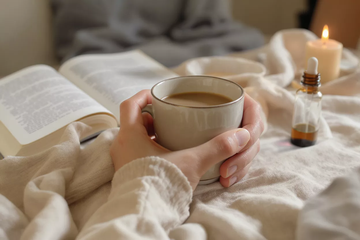 Café y Lectura en una Mañana Acogedora Manos sosteniendo una taza de café, libro abierto, vela y frasco de aceite esencial en la cama.