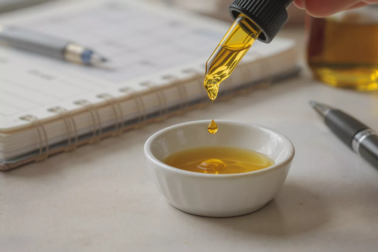 Gotero de aceite de CBD en un cuenco Un gotero vierte aceite de CBD dorado en un pequeño cuenco blanco.