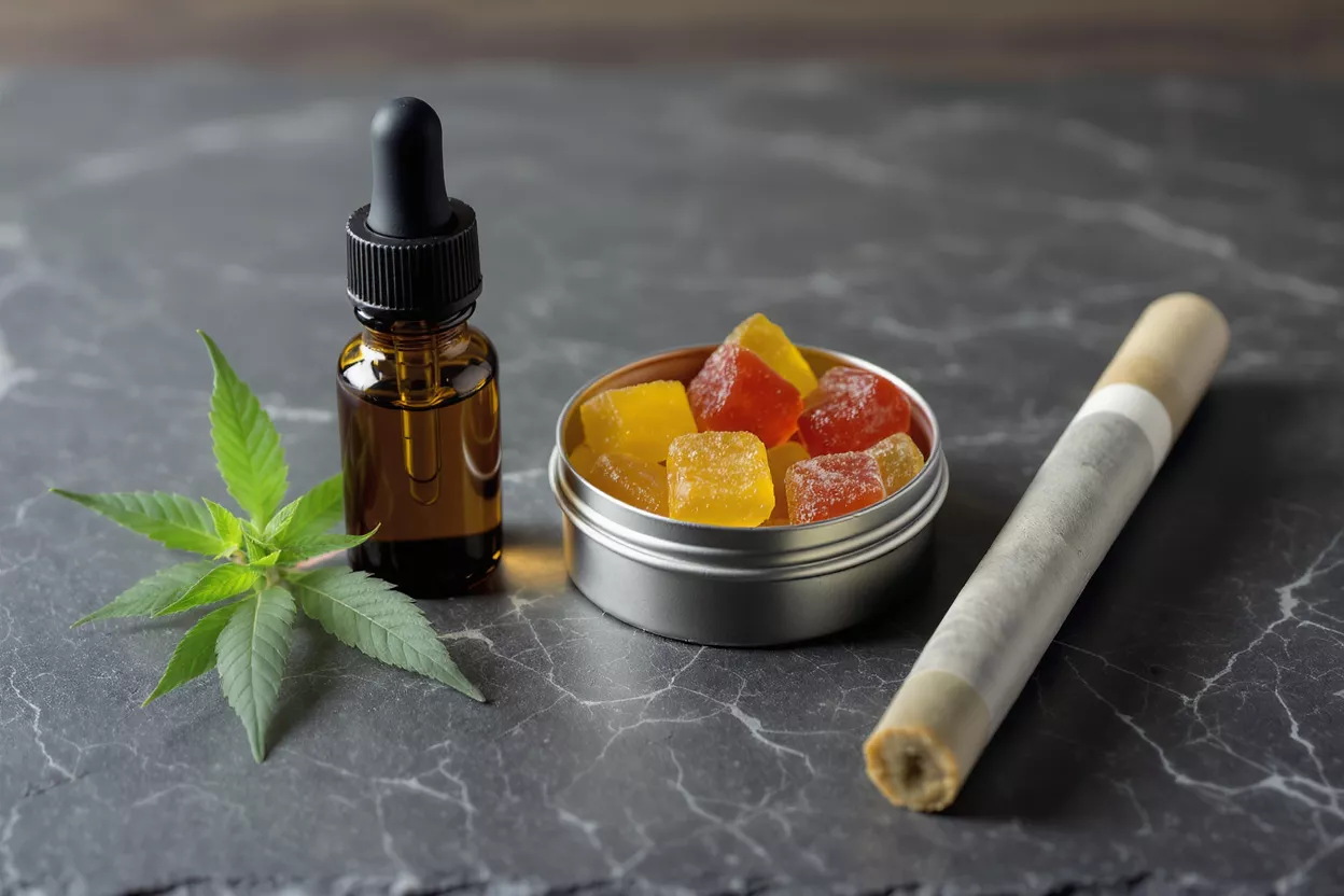 Surtido de productos CBD Aceite de CBD, gomitas y un porro preliado sobre una superficie de mármol oscuro.