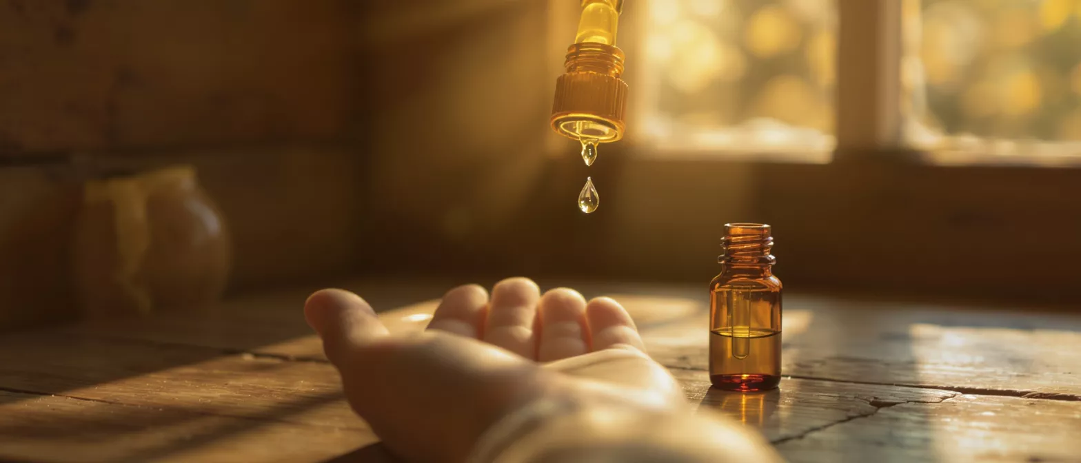 Essential Oil Dropping on Hand A hand receiving drops of essential oil from a dropper bottle in warm light.