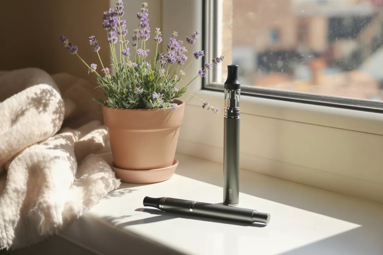 Two dark green vape pens next to a potted lavender plant on a sunny window sill.