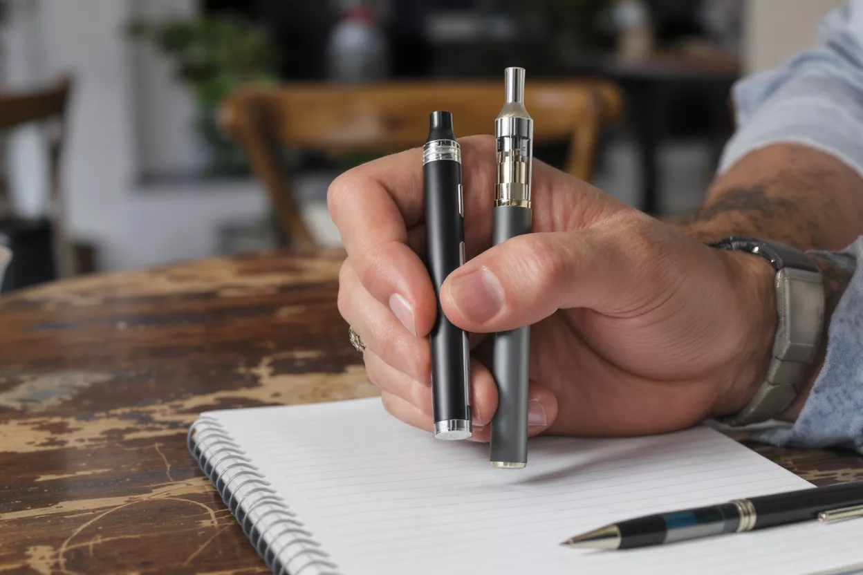 A person's hand holding two vape pens over a notebook on a wooden table.