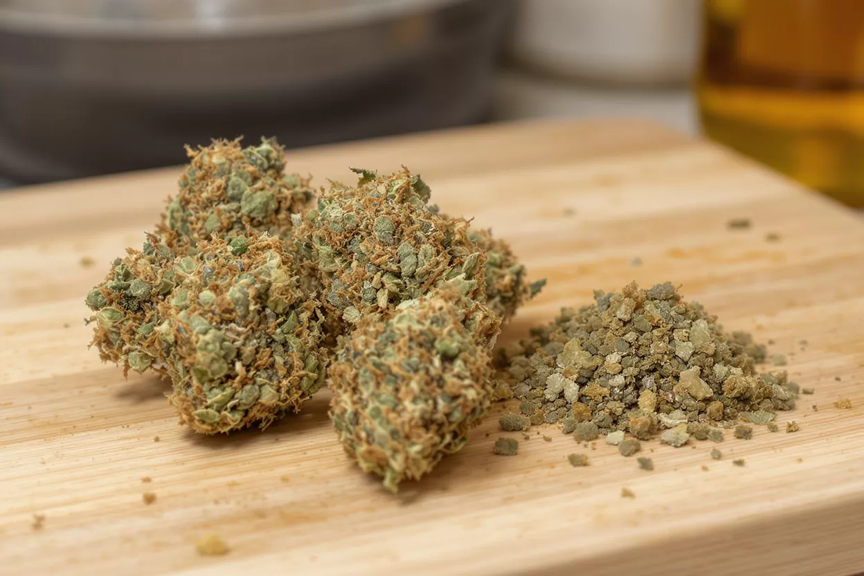 Close-up of cannabis buds and kief on a light wooden cutting board.