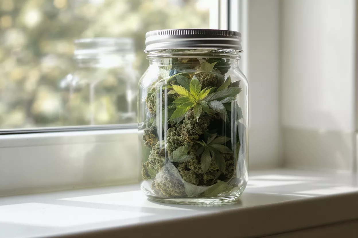 Glass jar filled with cannabis buds and leaves on a sunlit windowsill.