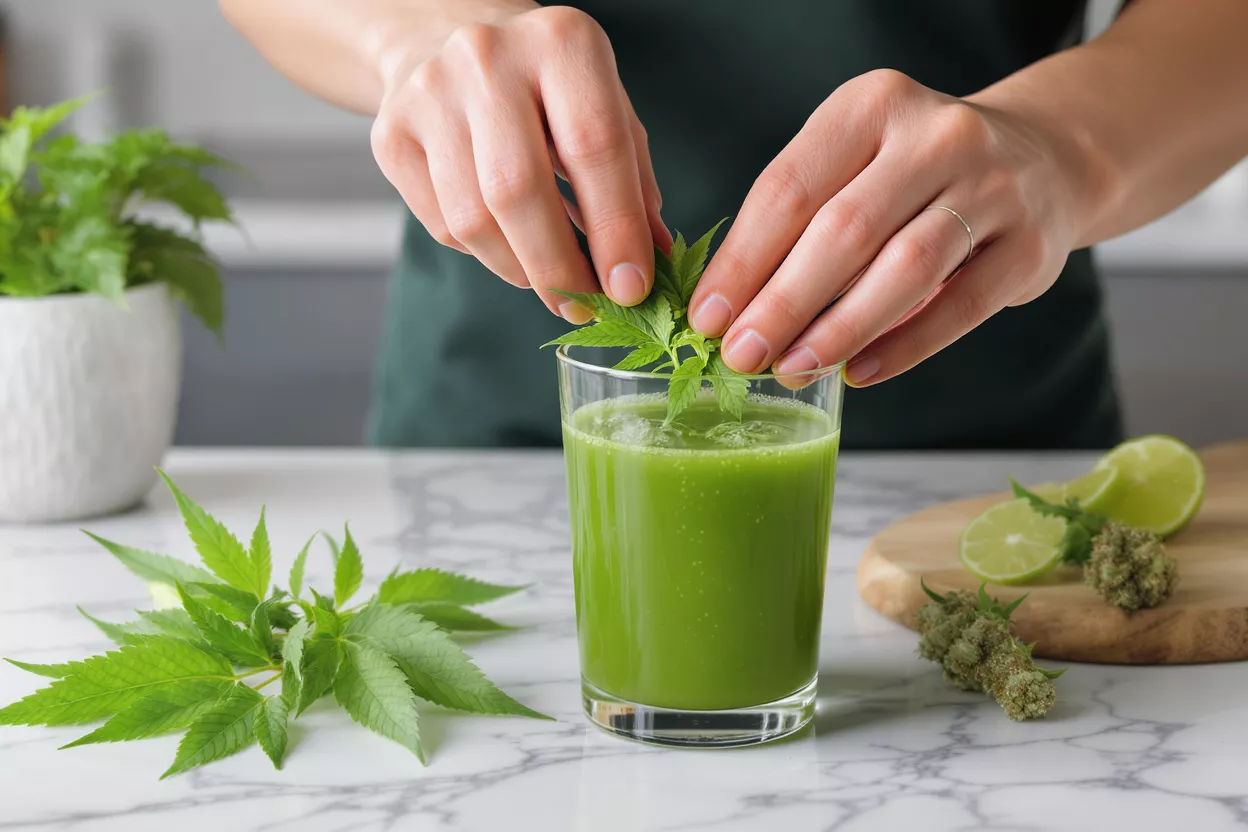 Hands adding fresh hemp leaves to a green smoothie in a glass.