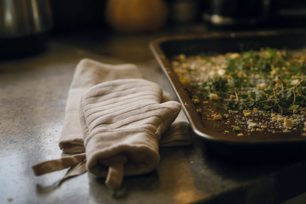 Close-up of an oven mitt next to a baking tray with herbs and breadcrumbs.