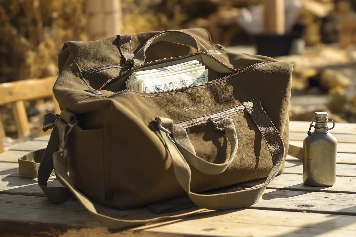 Olive green canvas duffel bag with maps and a canteen on a wooden table.