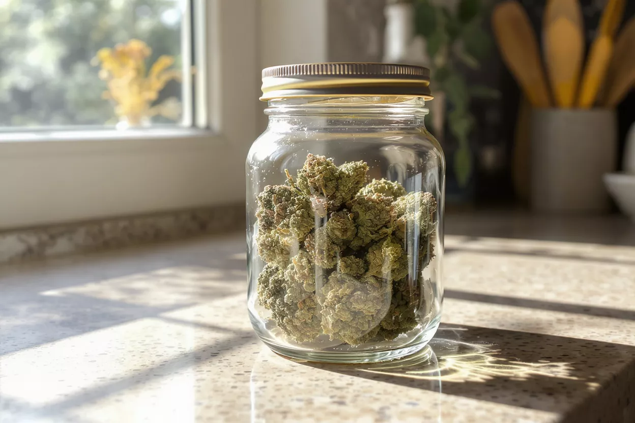 Glass jar filled with dried cannabis buds on a kitchen counter near a window.