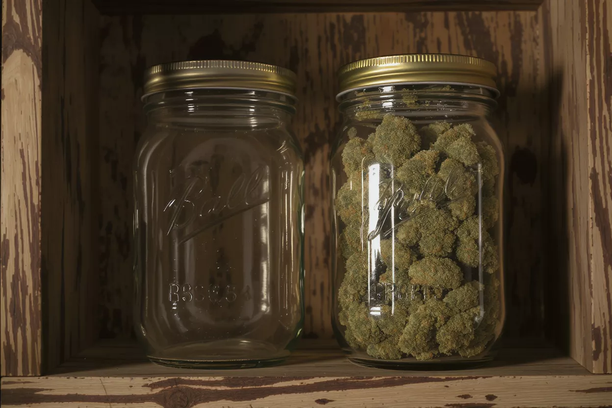 Two glass jars, one empty and one full of cannabis buds, on a wooden shelf.