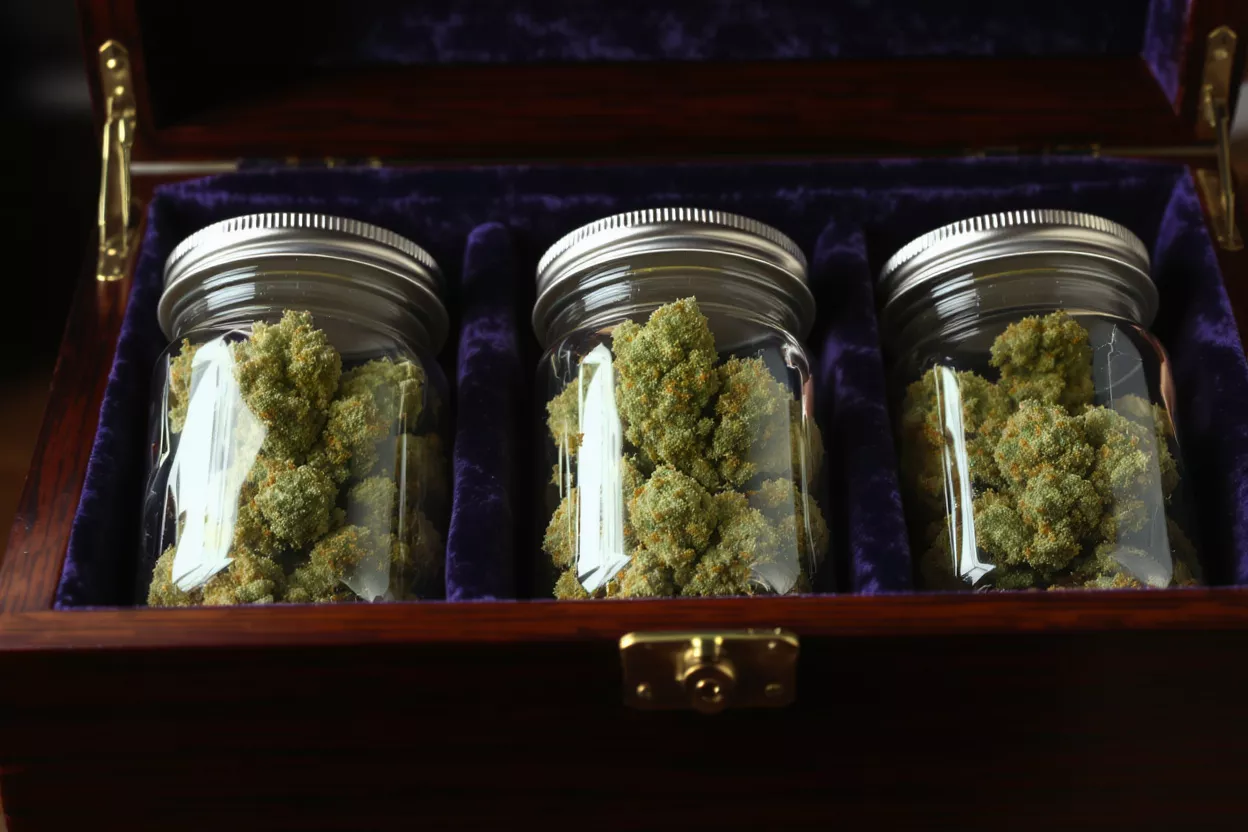 Three glass jars filled with cannabis buds in a velvet-lined wooden box.