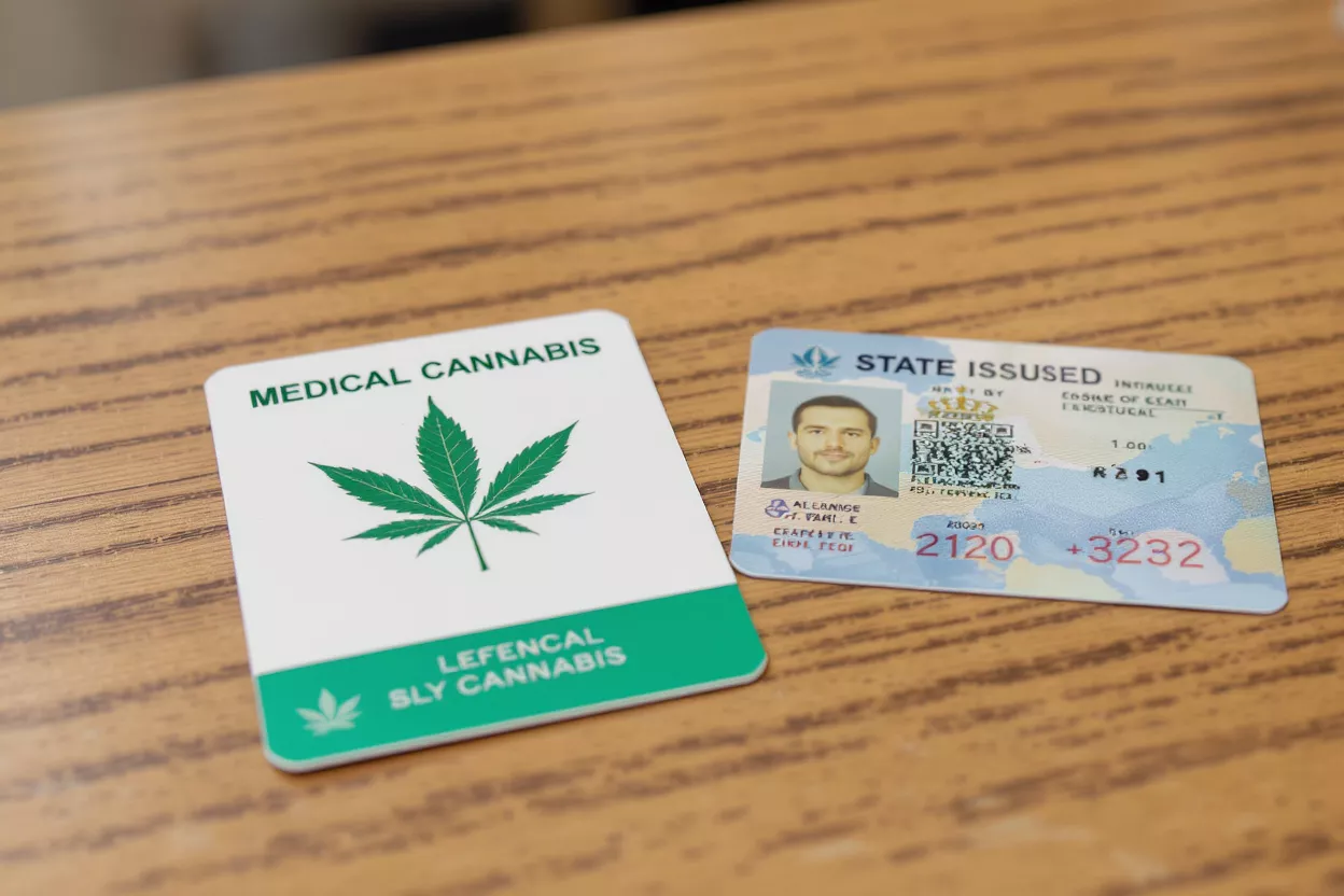 A medical cannabis card and a state-issued ID on a wooden table.