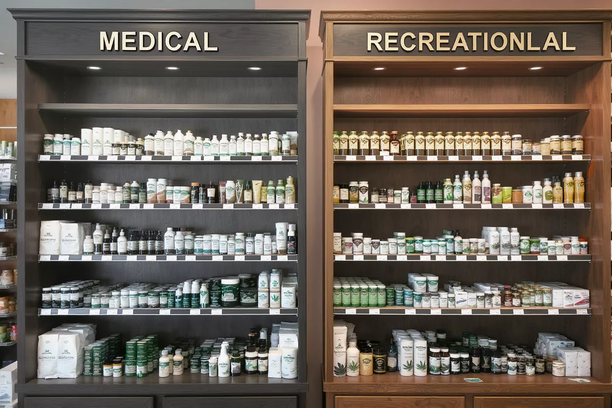 Shelves stocked with various medical and recreational cannabis products in a dispensary.