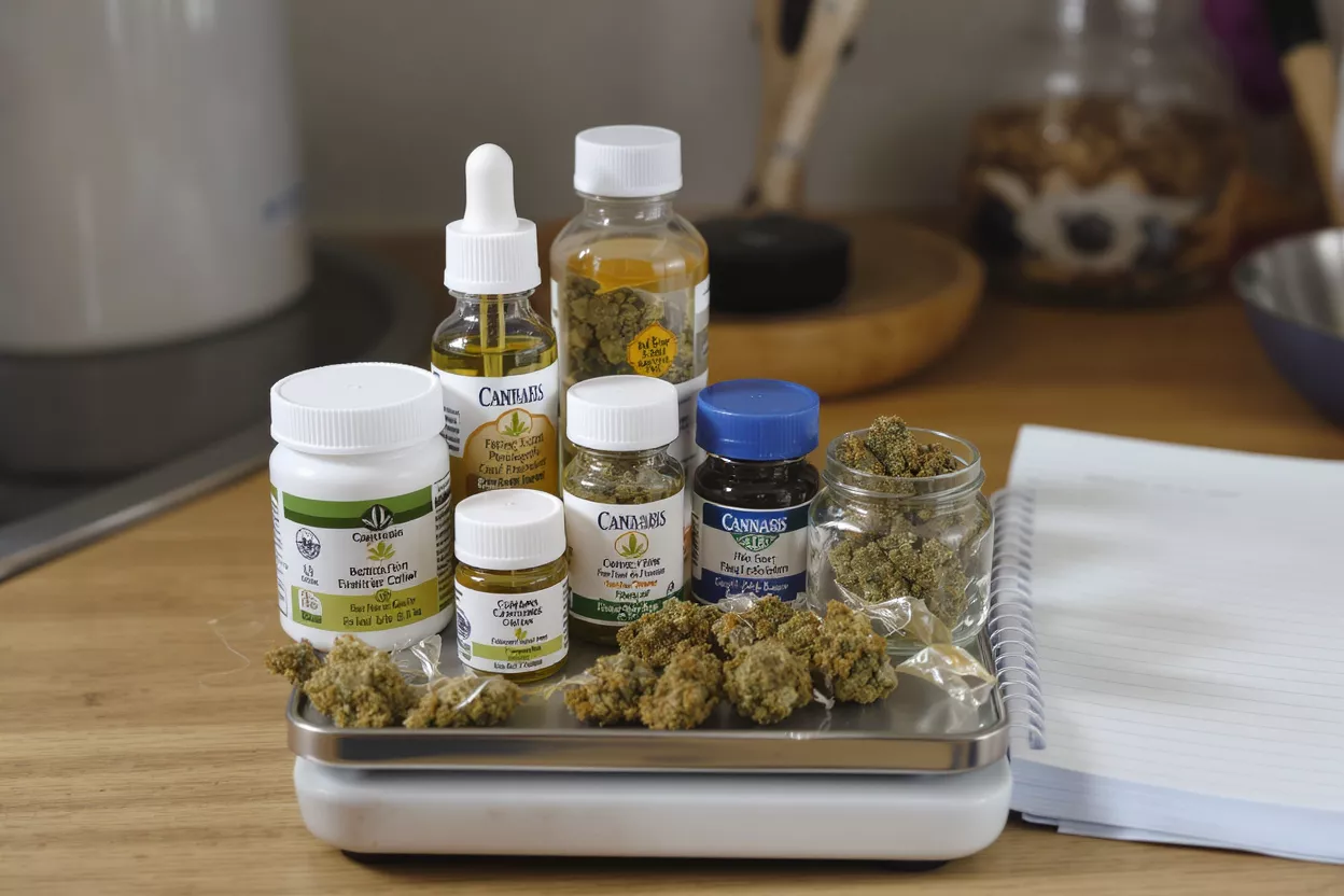 Cannabis flower, oils, and jars on a digital scale with a notebook.